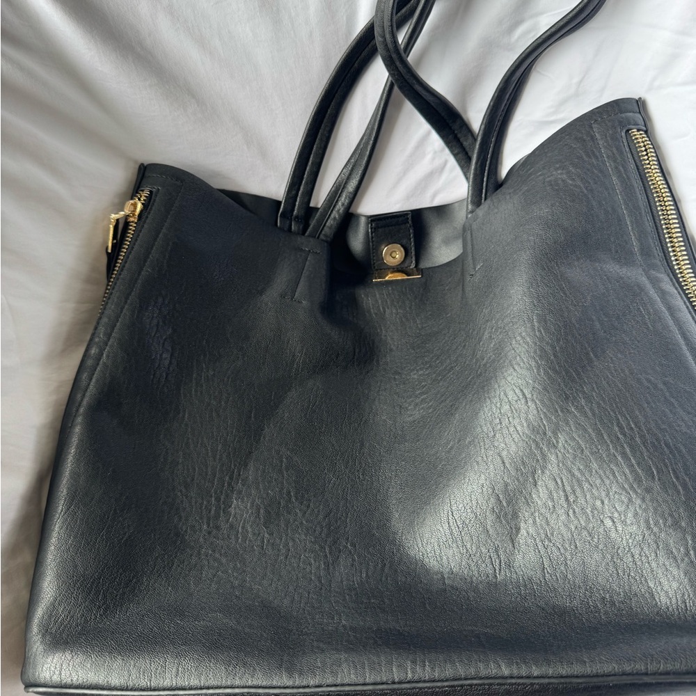 Madison West Black Tote with Gold Hardware